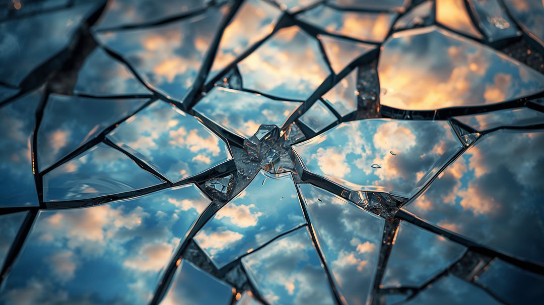 Fractured Mirror Shards Reflecting Sunrise Clouds Radiating From Impact Point