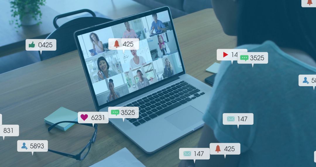 Virtual Team Meeting with Floating Social Media Icons