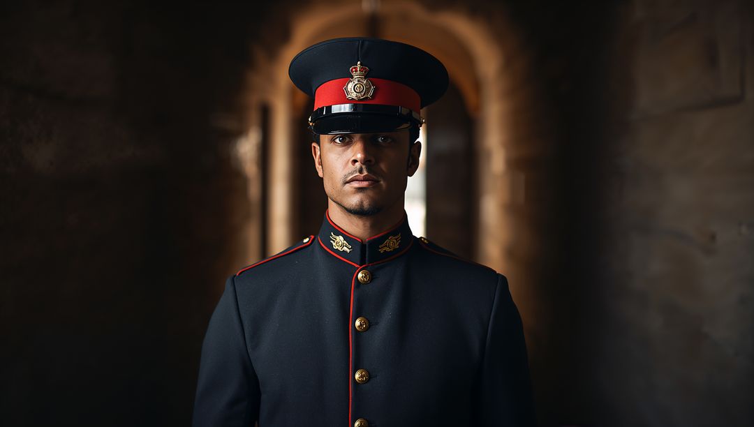 Ceremonial Guard in Historic Stone Corridor Represents Tradition