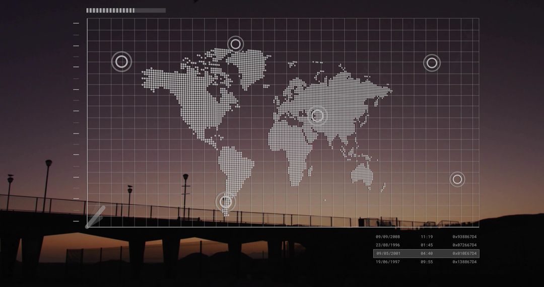Dusk Bridge with Digital World Map Overlay and Target Markers
