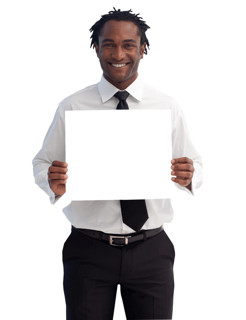 Smiling Businessman Holding Blank Transparent Sign