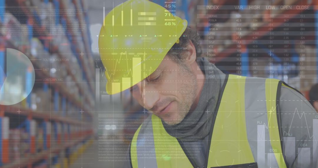 Warehouse Worker Analyzing Data with Technological Overlay