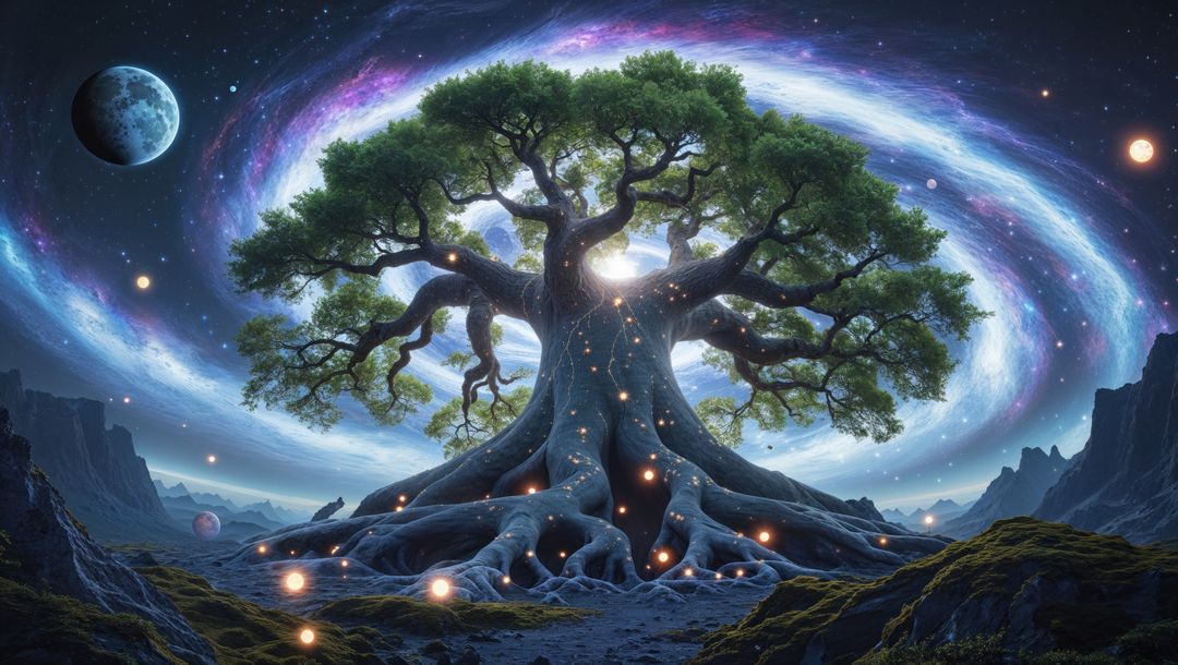 Ancient dreaming tree with glowing orbs and spiral galaxy