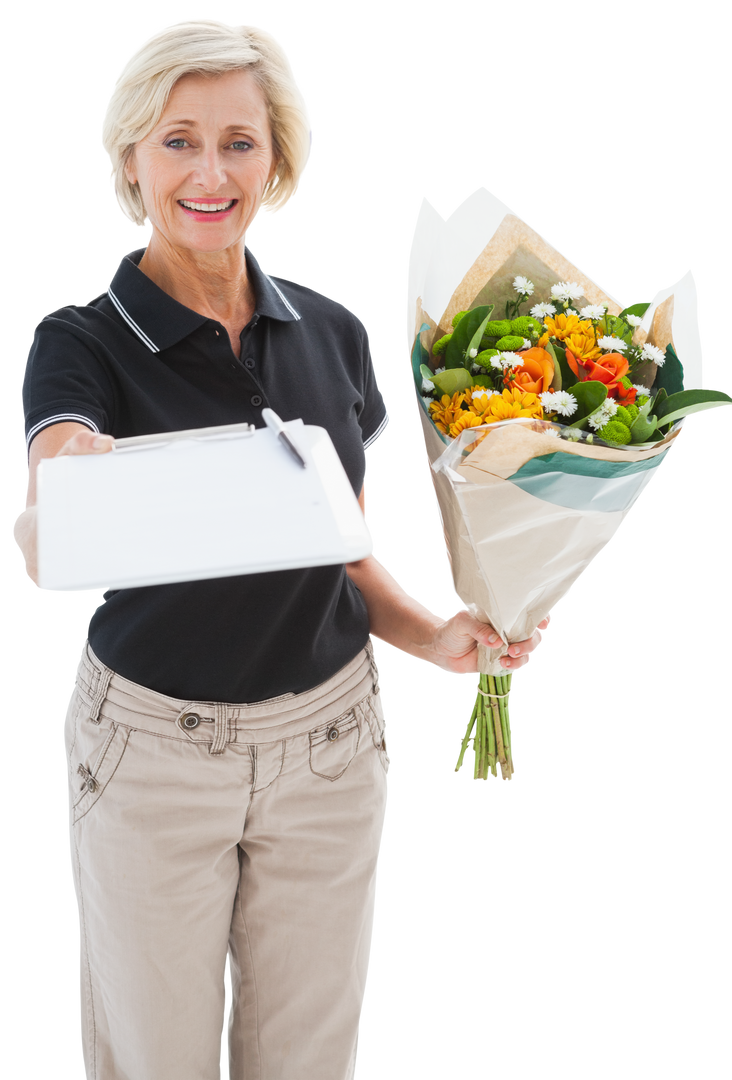 Senior Female Courier Transparent with Flower Bouquet and Clipboard - Download Free Stock Images Pikwizard.com