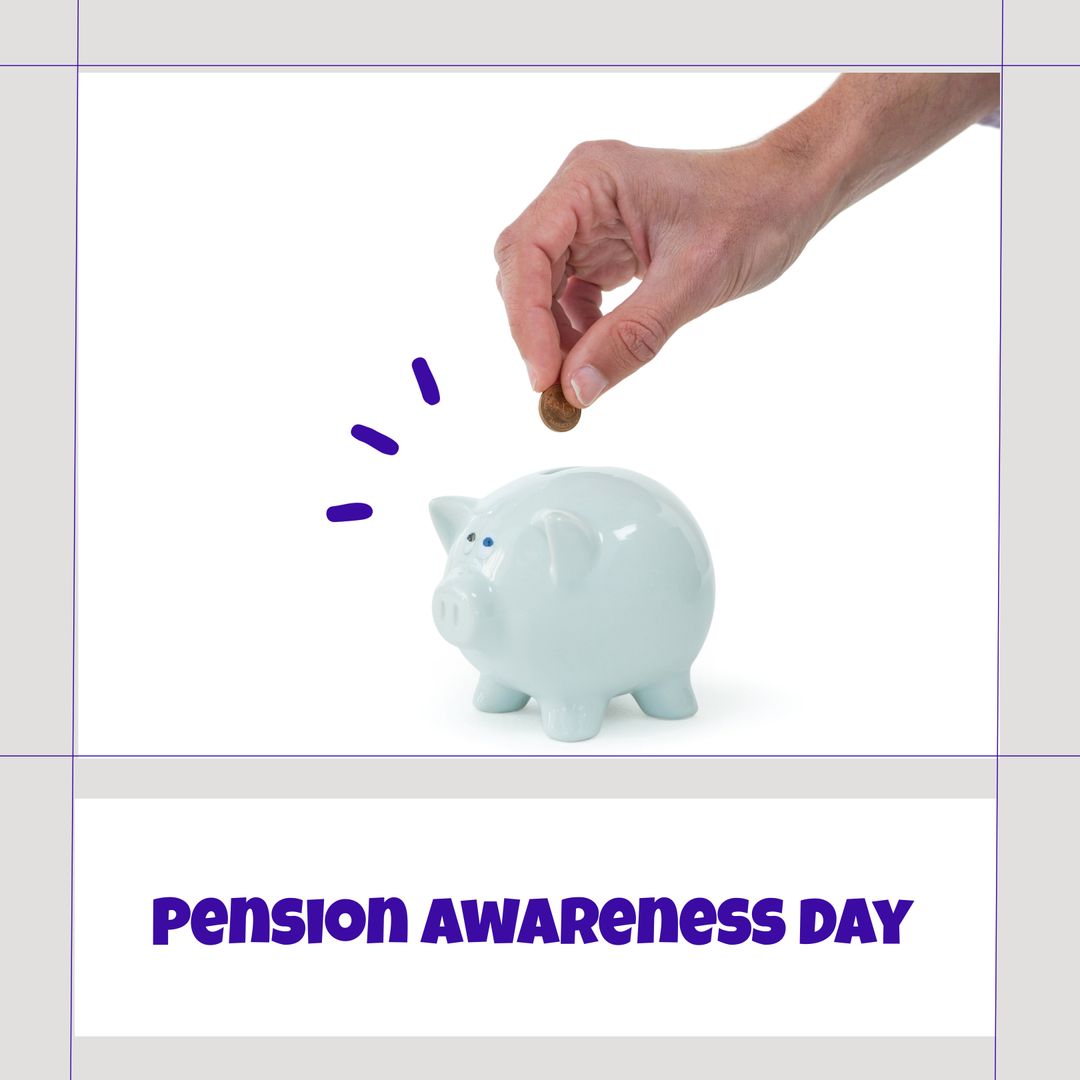 Caucasian Hand Putting Coin in Piggy Bank for Pension Awareness Day - Download Free Stock Templates Pikwizard.com