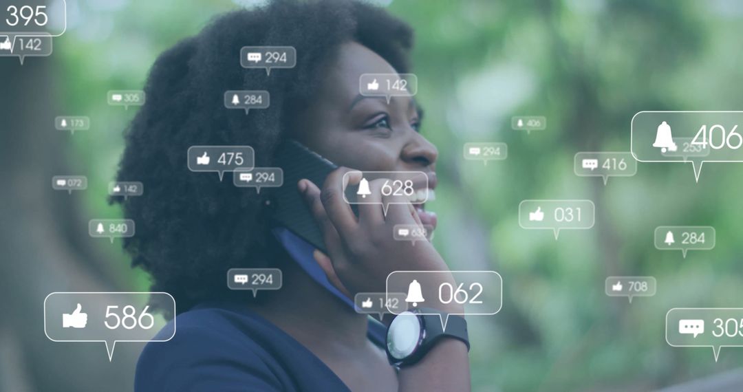 Smiling African American Woman Engaging Social Media via Smartphone