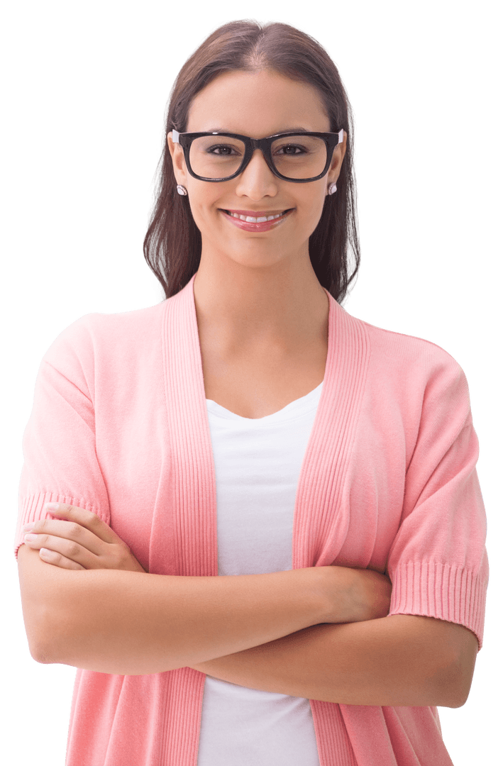 Confident Brunette Woman Smiling with Glasses on Transparent Background