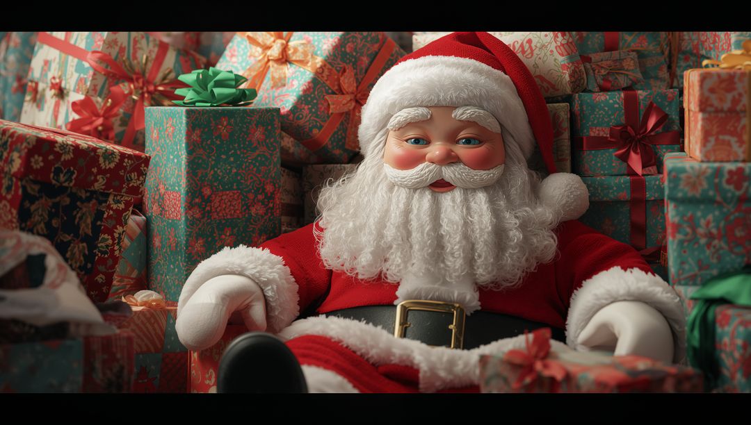 Plush Santa Claus With Gifts Surrounded by Festive Boxes