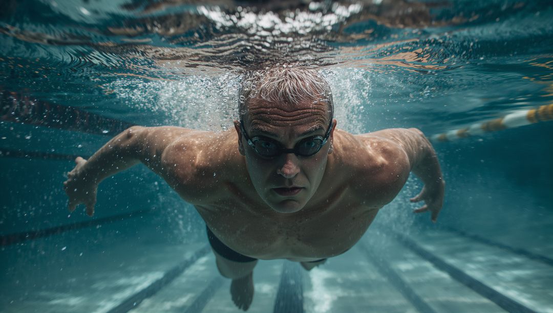 Elderly Man Swimming Underwater in Pool with Focused Expression
