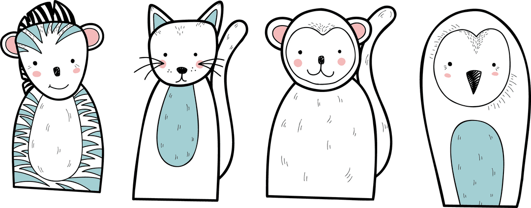 Whimsical Zebra Cat Monkey Owl Characters on Transparent Background