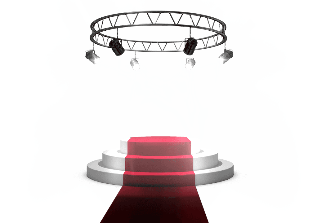 Transparent Red Carpet Leading to Illuminated White Stage