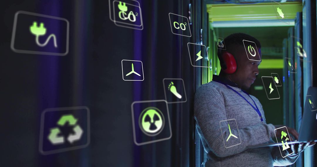 Man in Server Corridor Leveraging Eco-Friendly Industrial Technology