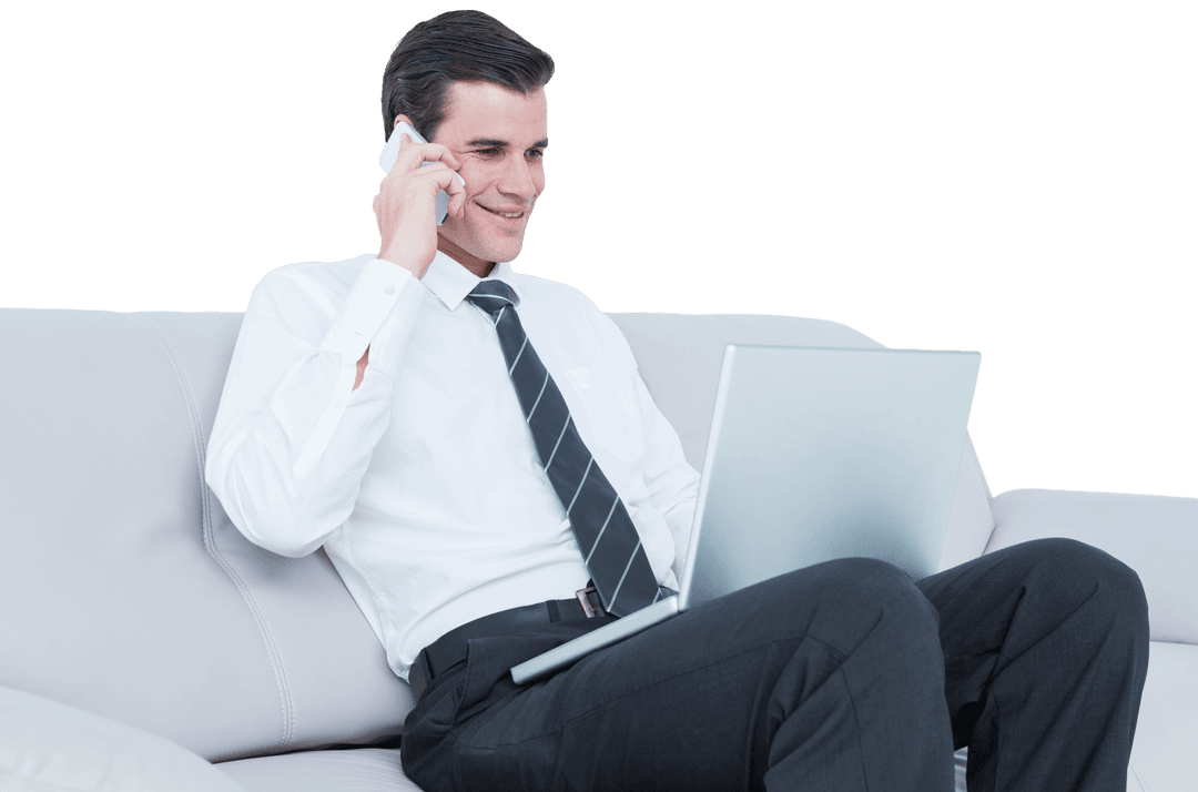 Transparent Businessman on Phone with Laptop in Modern Setting