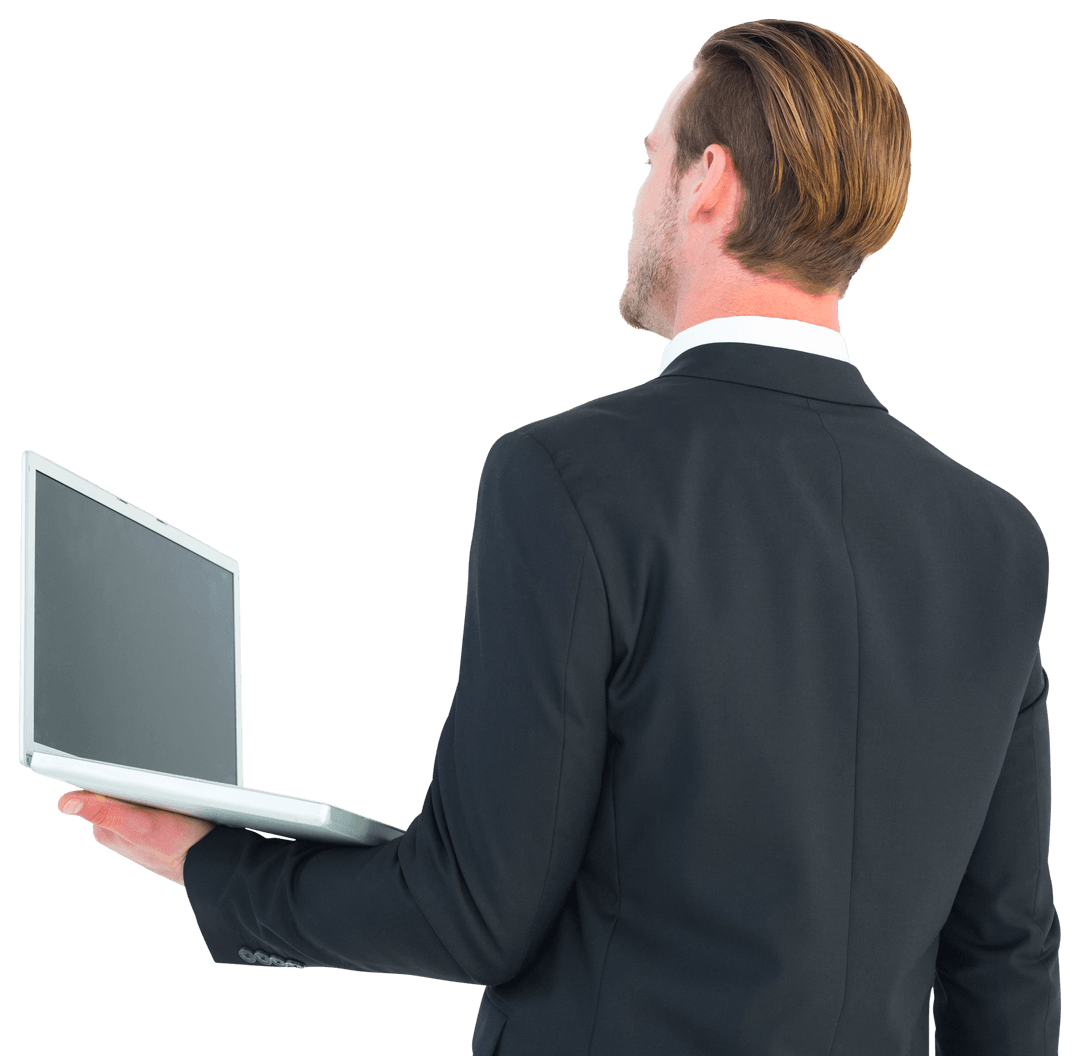 Transparent Businessman Holding Laptop Facing Away
