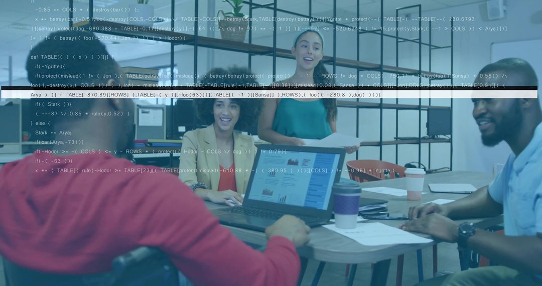 Presenting team collaborating around meeting table with laptop showing code and charts