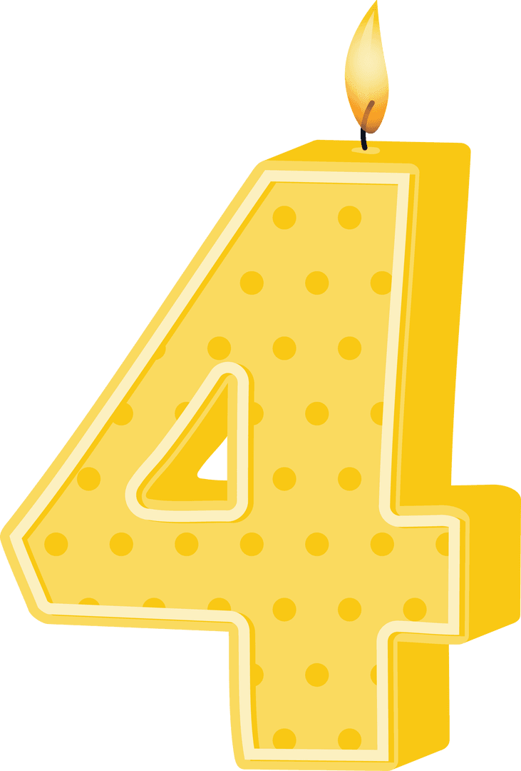 Yellow Number Four Birthday Candle on Transparent Background