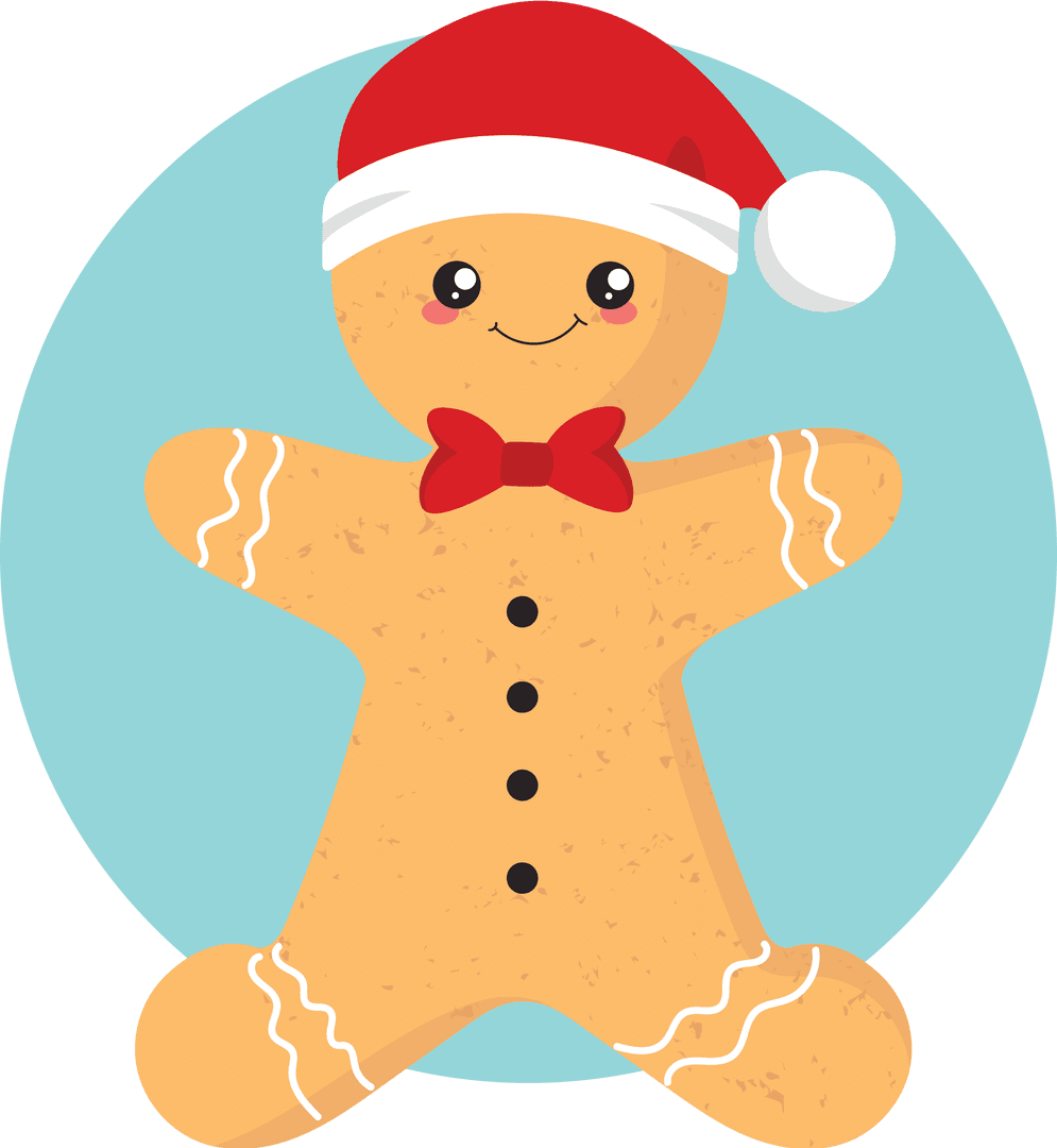 Cheerful Gingerbread Wearing Santa Hat on Transparent Background