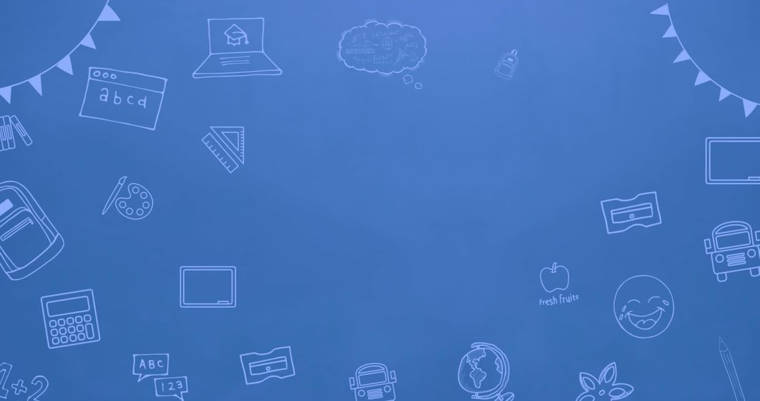 School Supplies Doodles on Blue Background with Copy Space