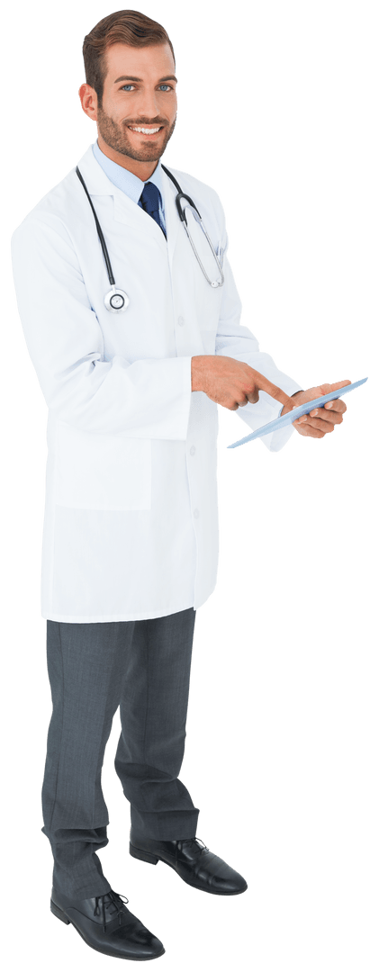 Transparent Doctor Smiling While Using Tablet for Modern Solutions