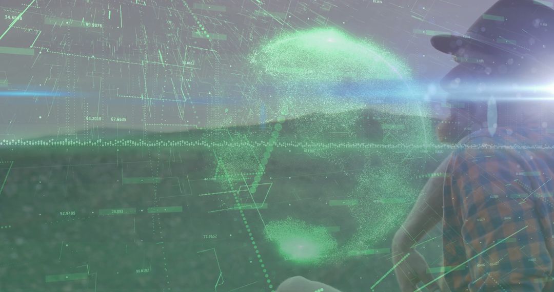 Futuristic Augmented Reality Interface over Farmland at Dawn