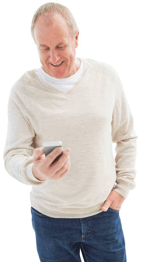 Happy Mature Man In Casual Clothes Using Smartphone Transparent Background