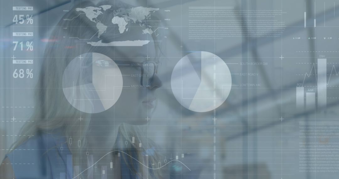 Caucasian Woman Analyzing Virtual Data Visualizations in Office