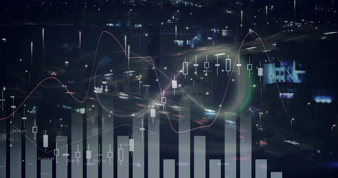 Overlay of Financial Charts with City Highway Light Trails