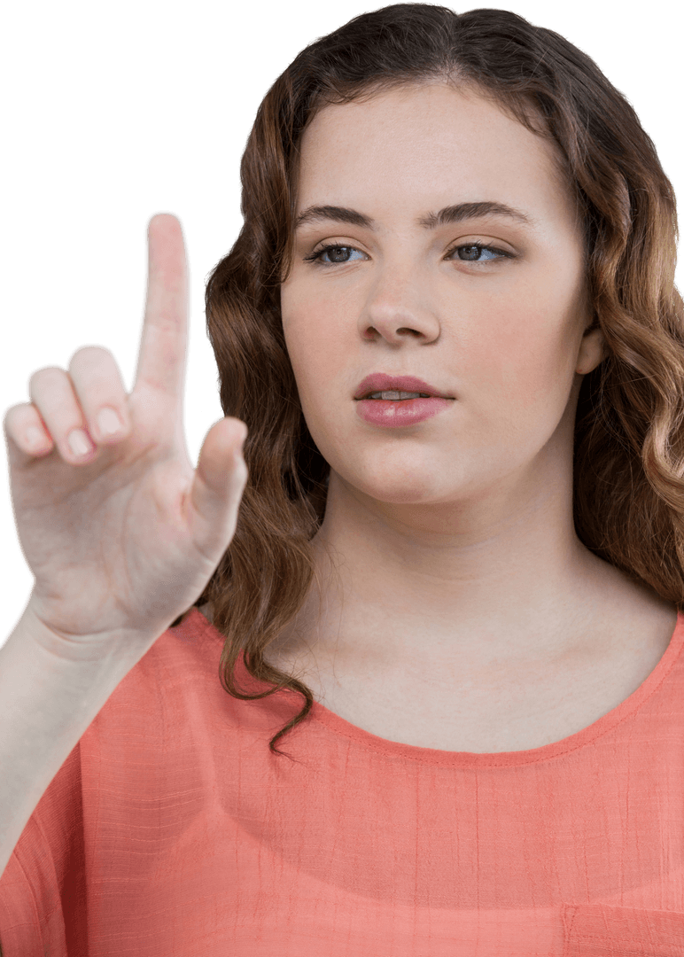 Young Woman Pointing with Index Finger on Transparent Background