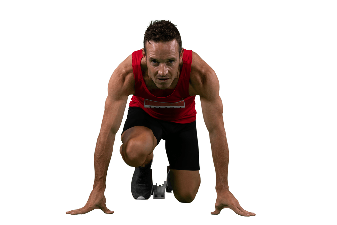 Caucasian Male Runner Smiling on Starting Lineup Transparent Background