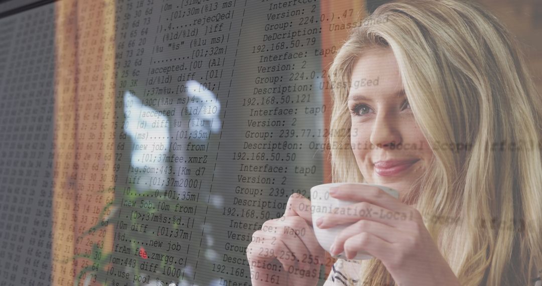 Woman Enjoying Coffee with Digital Data Overlay