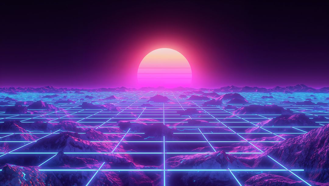 Neon Grid and Gradient Sun Create Cyberpunk Abstract Landscape