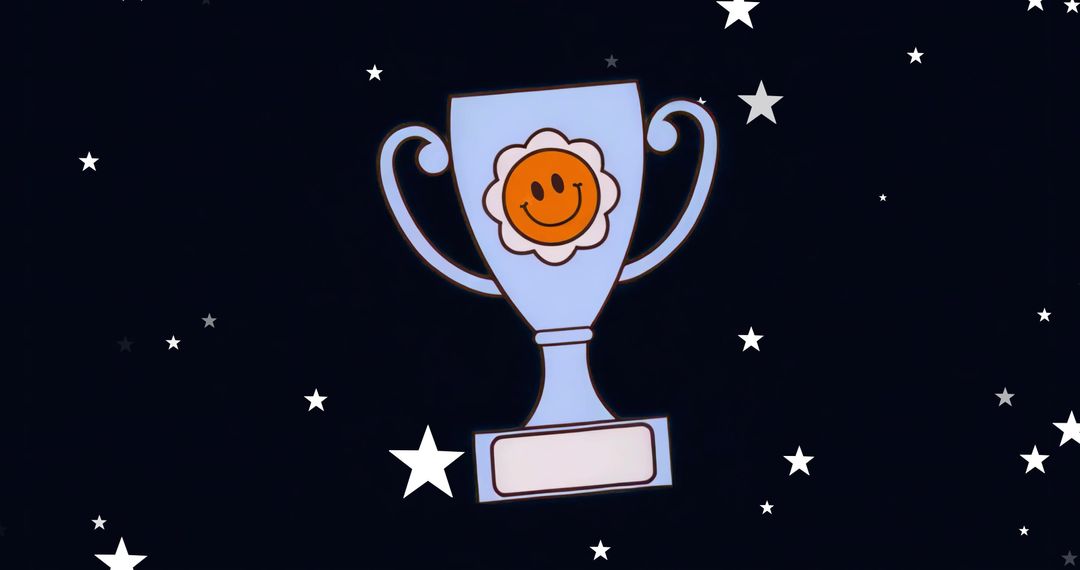 Whimsical Smiling Flower Trophy on Navy Starfield Background with Blank Nameplate