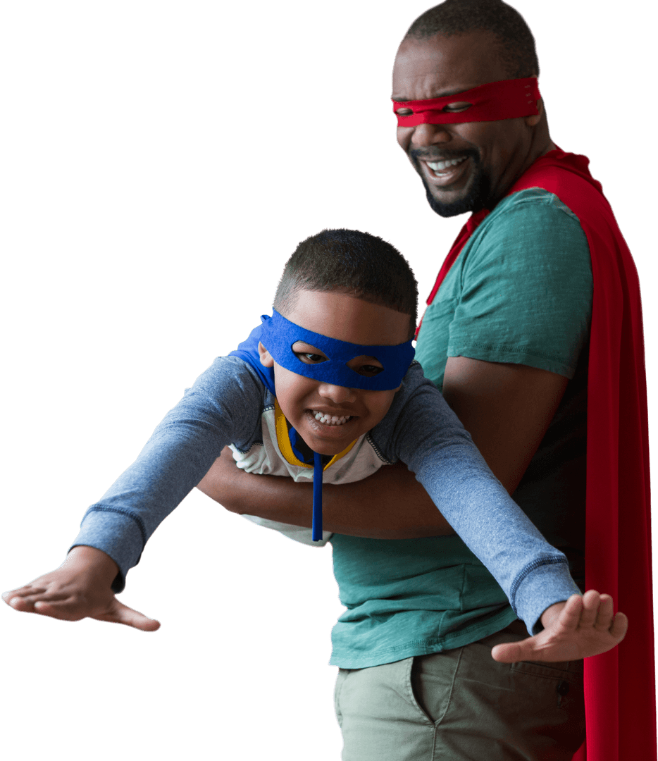 Father and Son Pretending as Superheroes with Transparent Background
