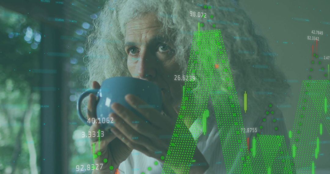 Mature Woman Analyzing Financial Data While Relaxing with Coffee