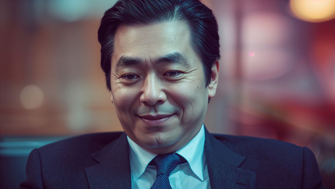 Sophisticated Businessman Relaxing in Office Lobby with Bokeh Lights