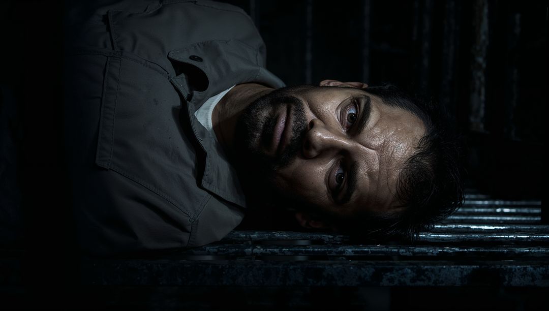 Introspective Man Lying on Industrial Metal Grate, Moody Lighting