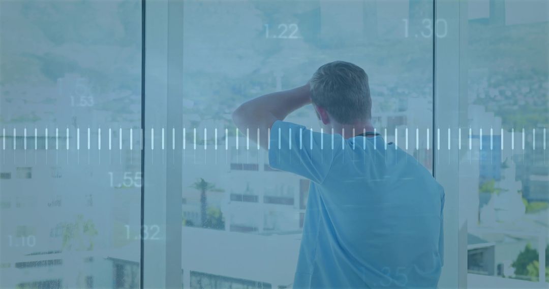 Contemplating Male Overlooking Cityscape with Data Waves