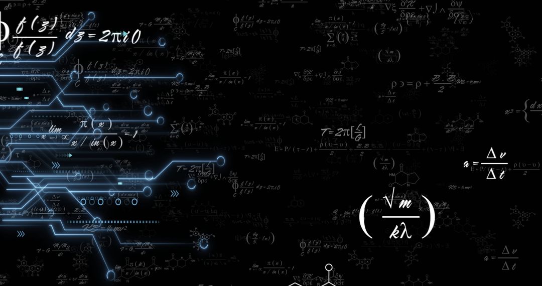 Futuristic Blue Circuit Network with Math Formulas on Black Background