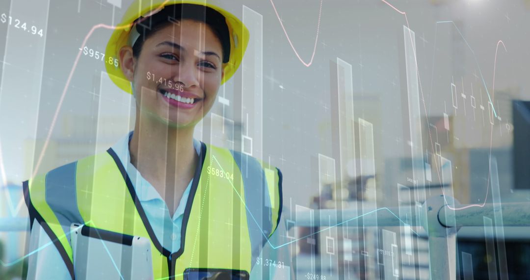 Confident Female Engineer Overlapping Financial Graphs