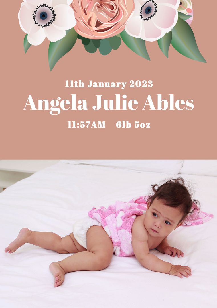 Newborn Baby Announcement with Floral Design and Baby Name - Download Free Stock Templates Pikwizard.com