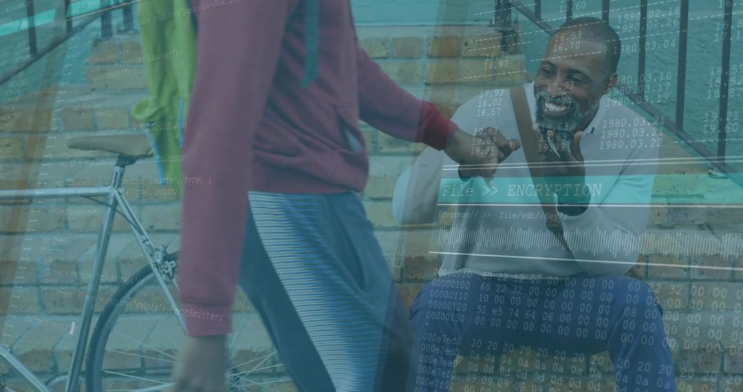 Friendly Greeting between Athlete and Man on Historic Urban Steps
