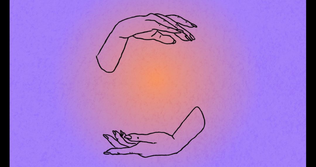 Outlined Hands Framing Circular Light on Purple Background
