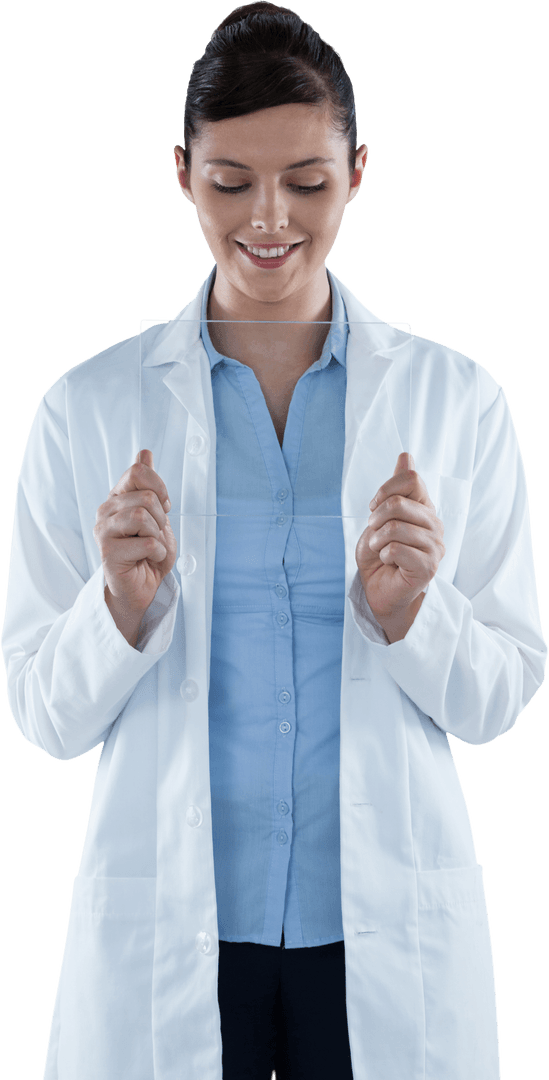 Transparent Smiling Female Doctor with Virtual Tablet Interface