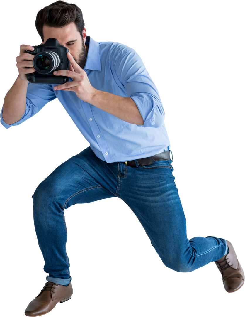 Caucasian Photographer Capturing Shot with Camera on Transparent Background - Download Free Stock Images Pikwizard.com