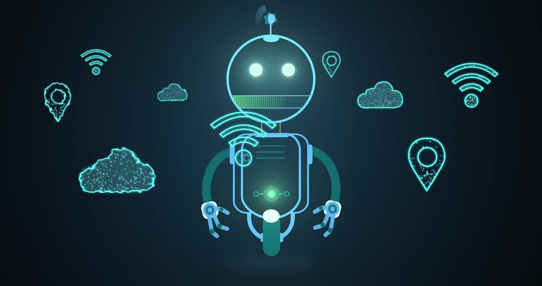 Futuristic Robot with Digital Interface and Connectivity Icons