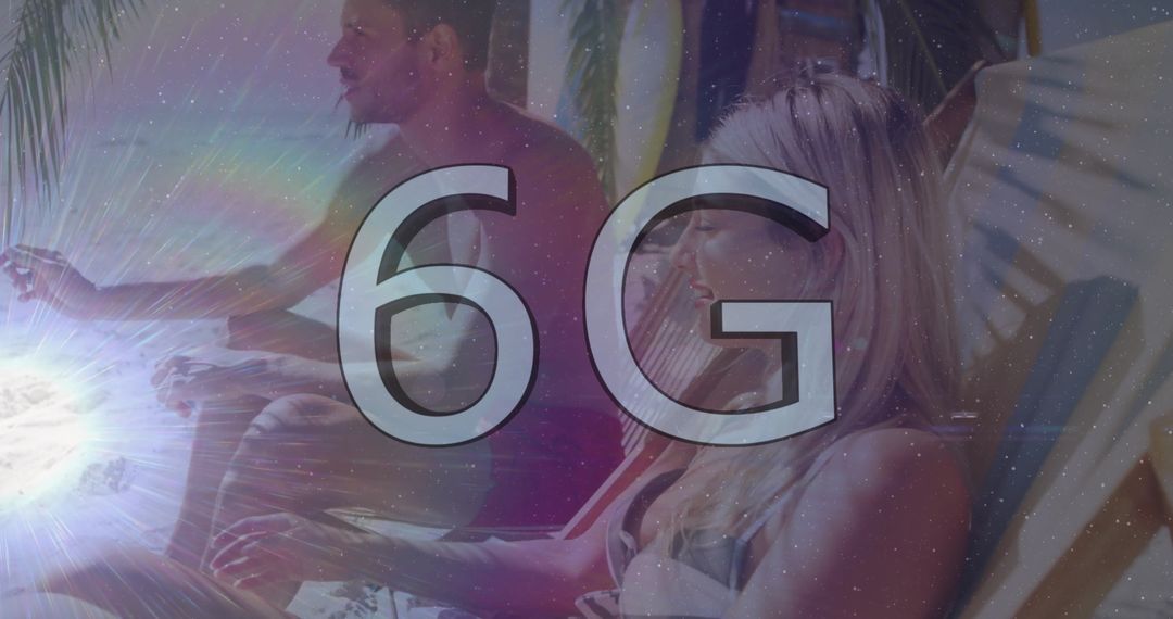 Couple Relaxing in Tropical Poolside Lounge with 6G Technology Concept