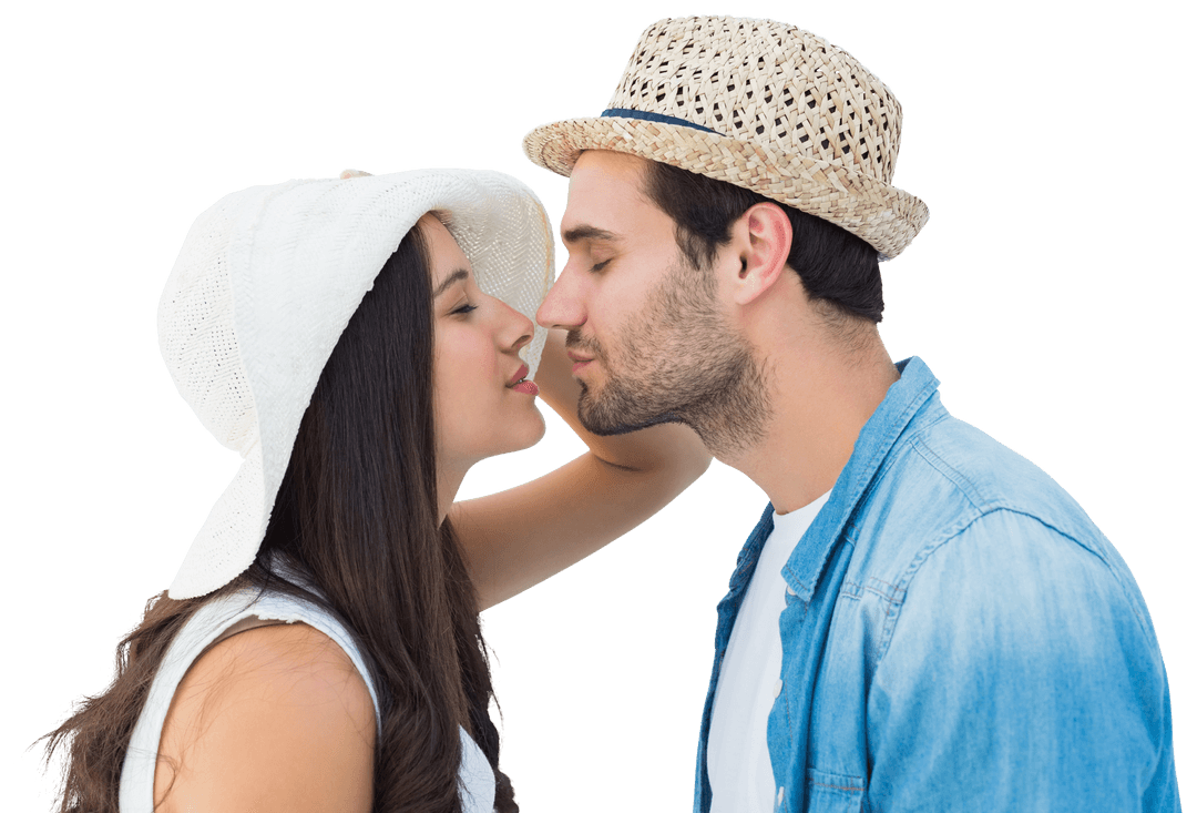 Transparent Happy Couple Sharing Kiss in Stylish Hats