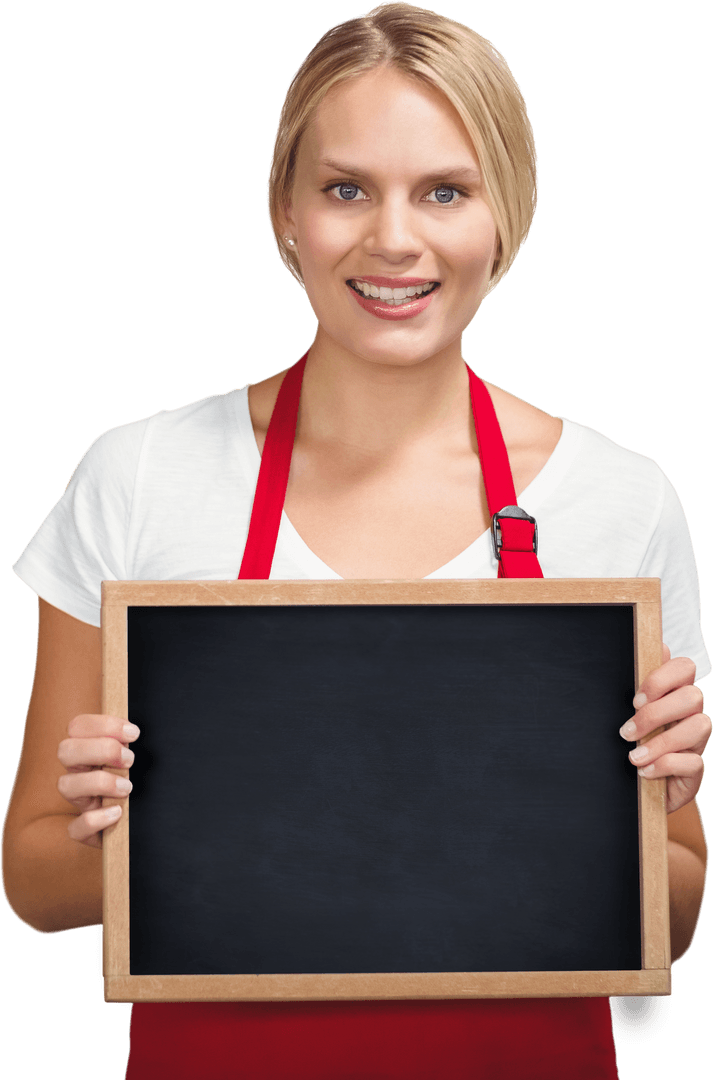 Smiling Woman in Red Apron Holding Blank Blackboard on Transparent Background