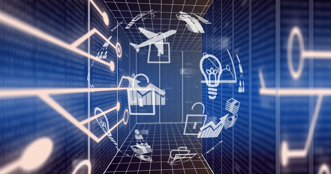 Digital Interface Illustration with Glowing Icons on Data Servers