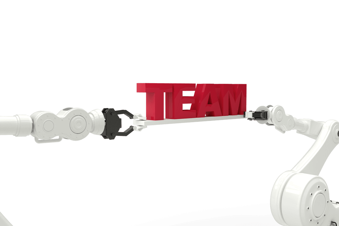 Transparent Robotic Arms Holding 3D Red TEAM Text